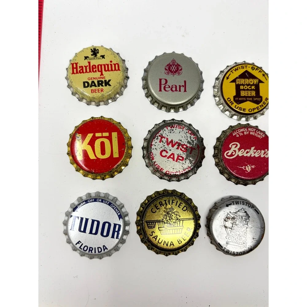 Lot of 12 Vintage Beer Bottle Caps Crowns Some Cork Lined Harlequin Arrow Bock